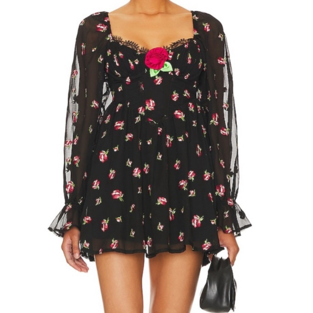 - For Love And Lemons Black and Pink Long Sleeve Dress